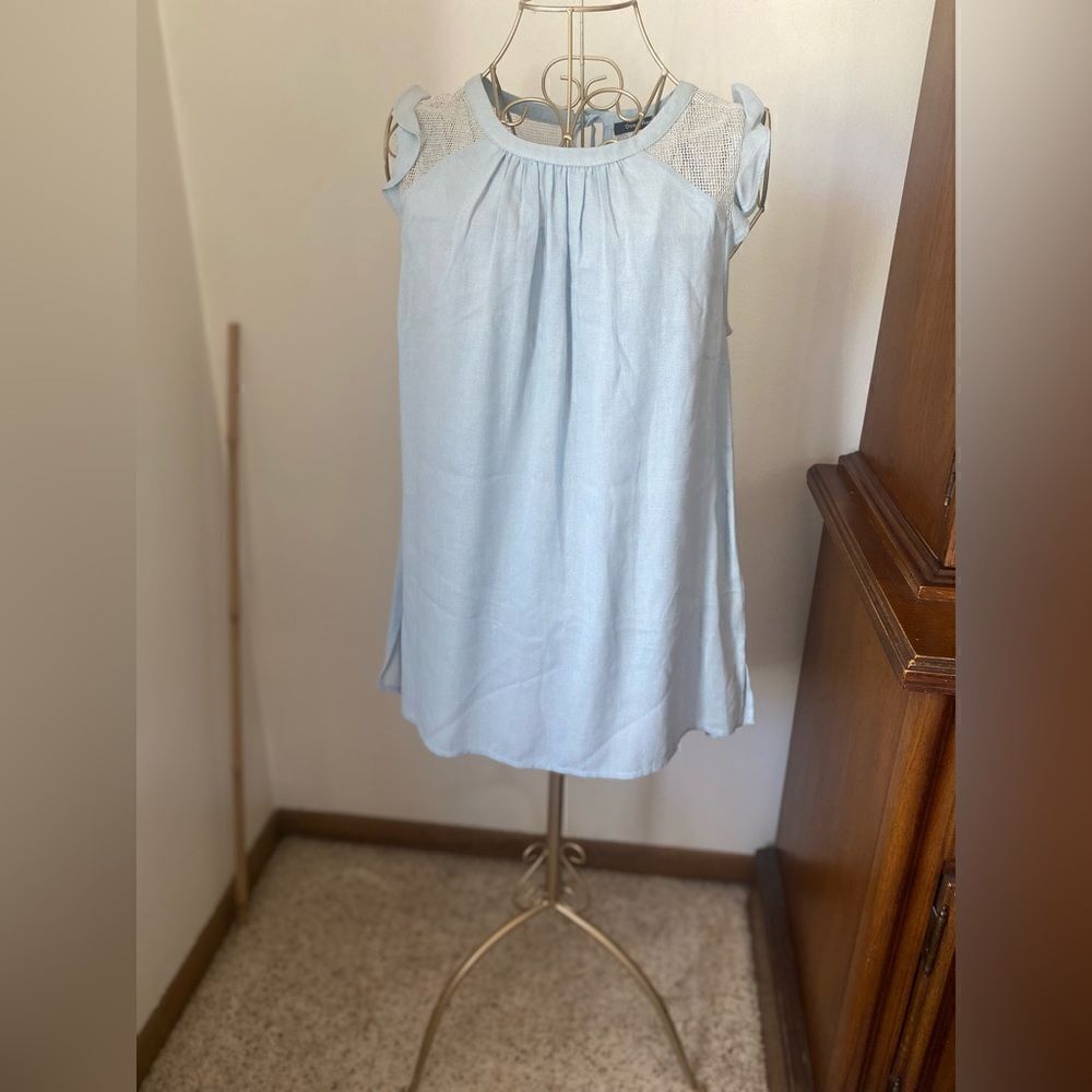 Doe & Rae Light Blue Mesh Yoke Ruffle Sleeve Top